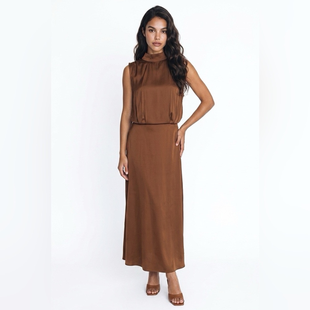 Sleeveless Brown Maxi Dress with Mock Neck